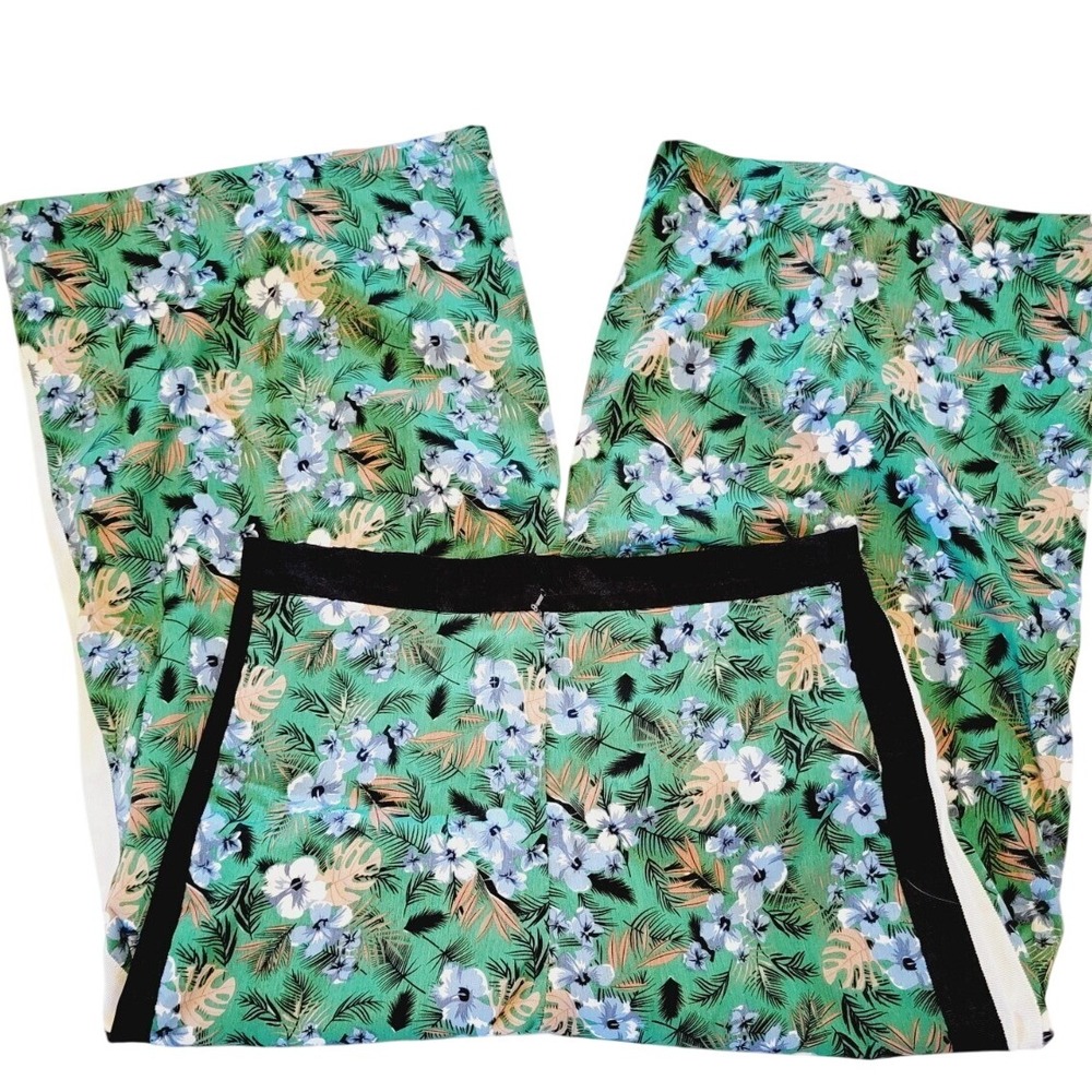 Reveuse 1X Women's pants Wide Leg‎ Green Floral Zip Front Missing Front Hook